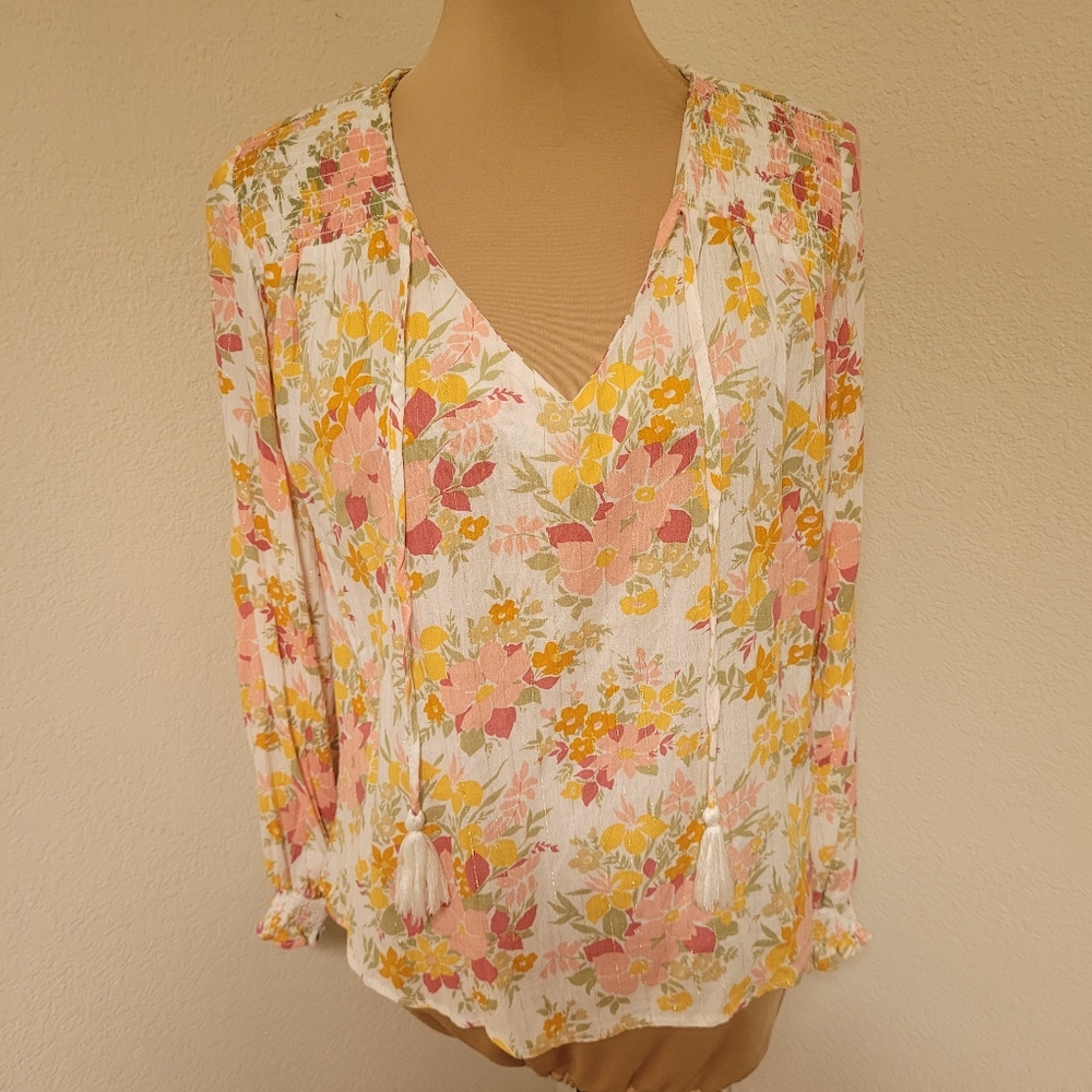 J Joie Floral V-Neck Ruffle Sleeve Blouse - Pink & Orange